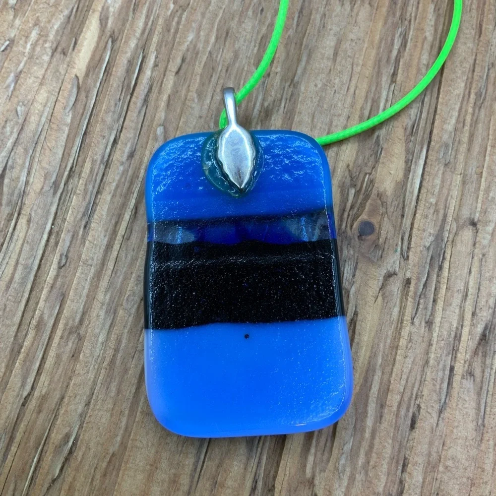 Murano Style Blue Fused Dichromic Glass Pendant Cord Necklace